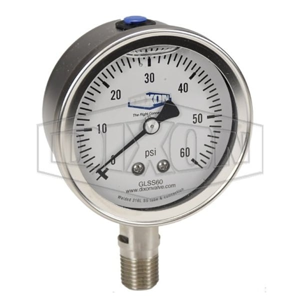 Dixon Gauge, 0 to 60 psi, 1/4 in NPT Connection, 2-1/2 in Dial, +/- 2-1-2 %, Glycerin Liquid Filled GLSS60 - main